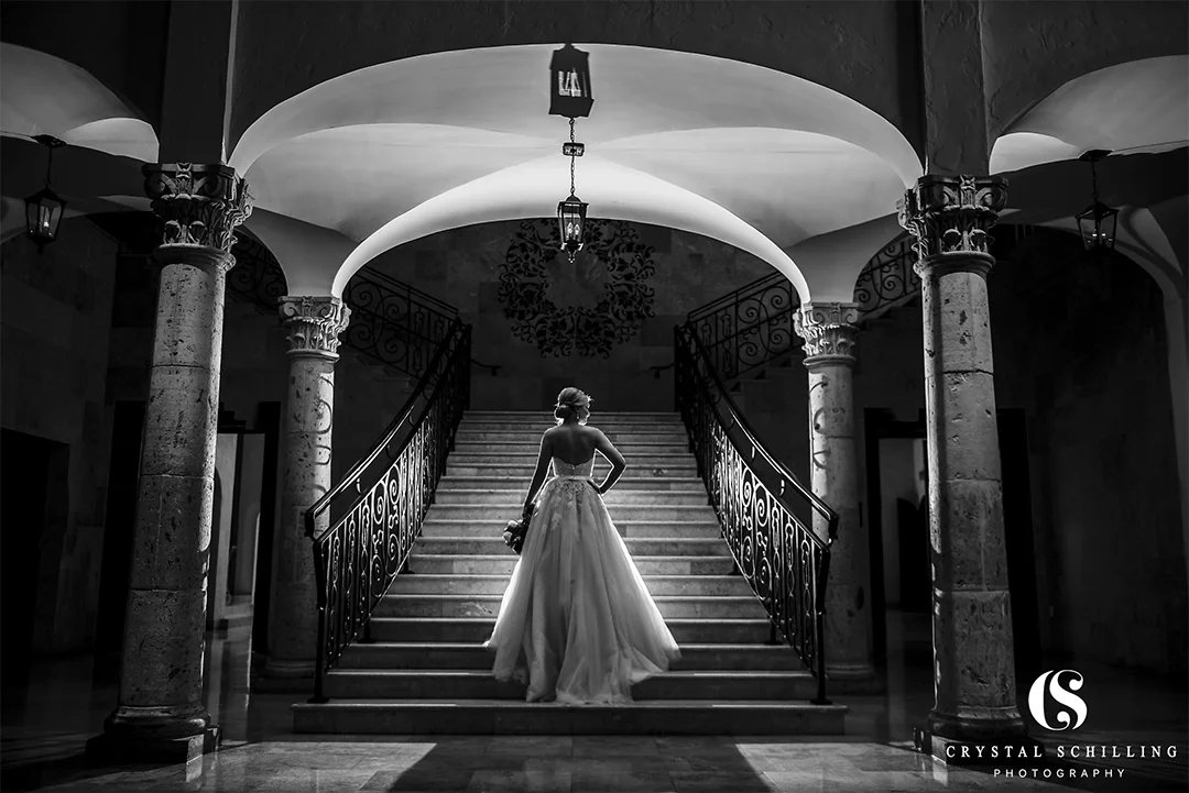 Bridal portrait on the marble staircase at The Bell Tower on 34th
