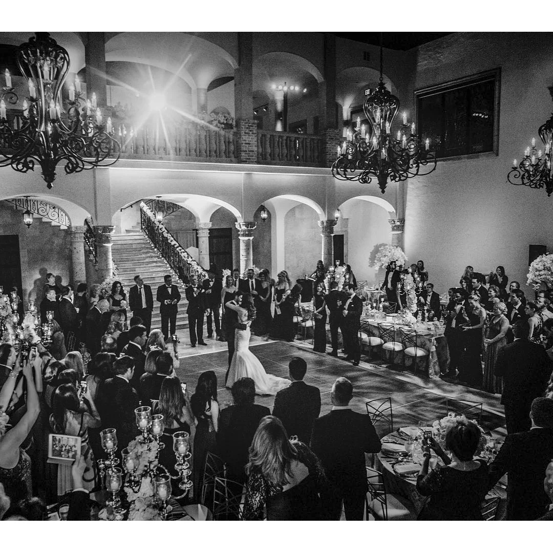 Black-and-white photograph of a first dance at The Bell Tower on 34th