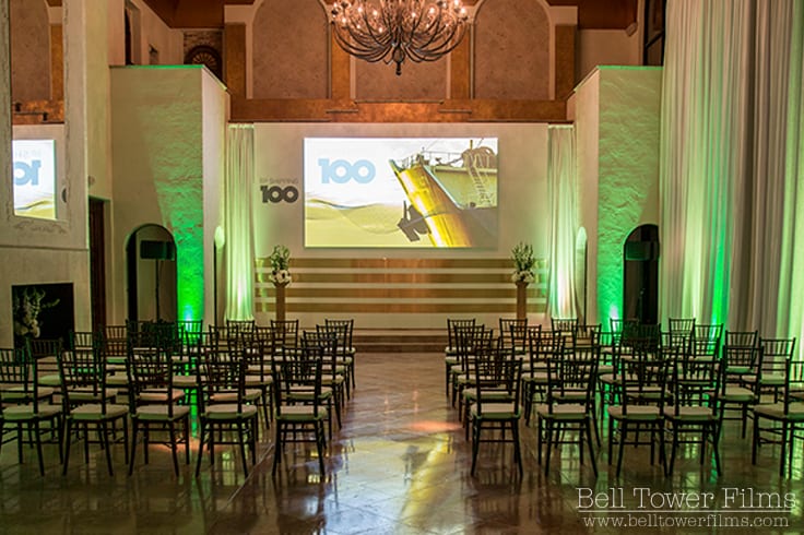 Corporate presentation set with staging and screen at The Bell Tower on 34th